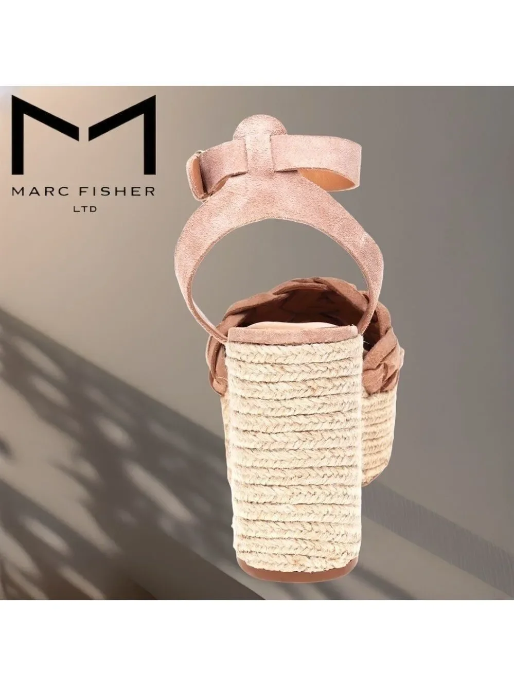 MARC FISHER Odilia Leather Upper Jute-Wrapped Platform Espadrille Wedge Sandals